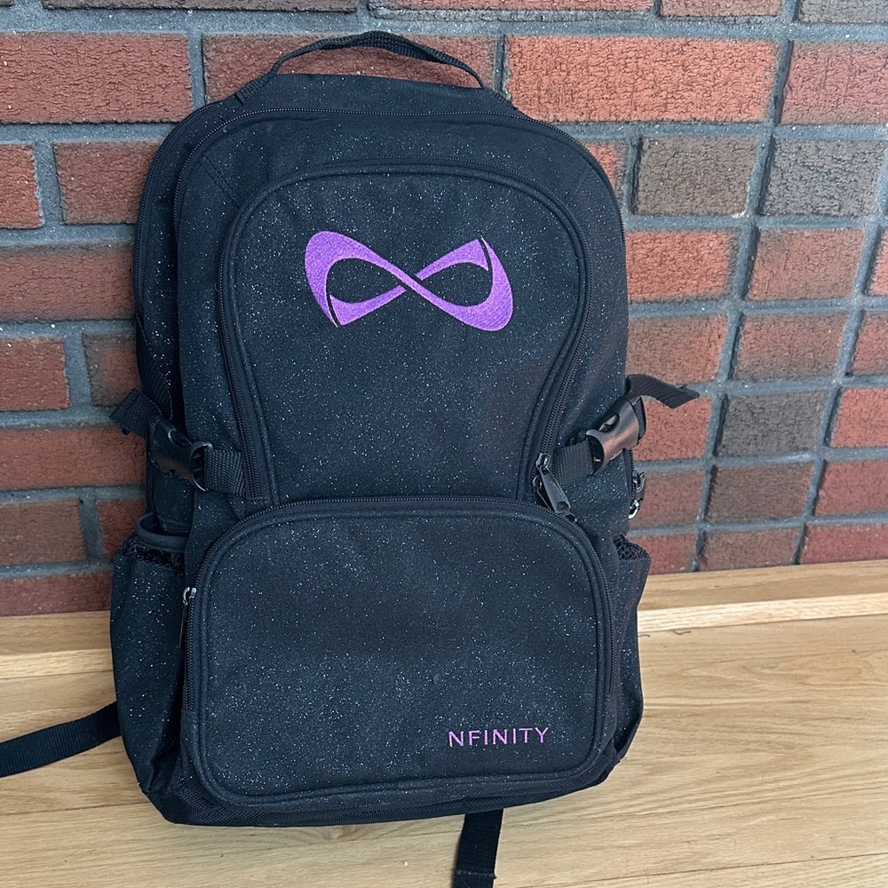 NFINITY Black Glitter Backpack with Vibrant Purple Accents